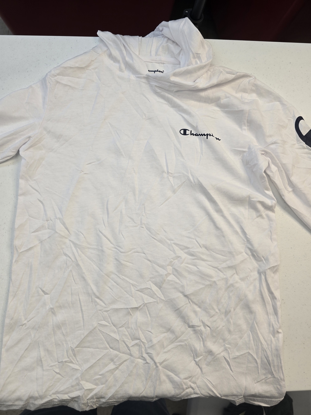 Champion White Hooded Long-Sleeve Tee with Navy Logo
